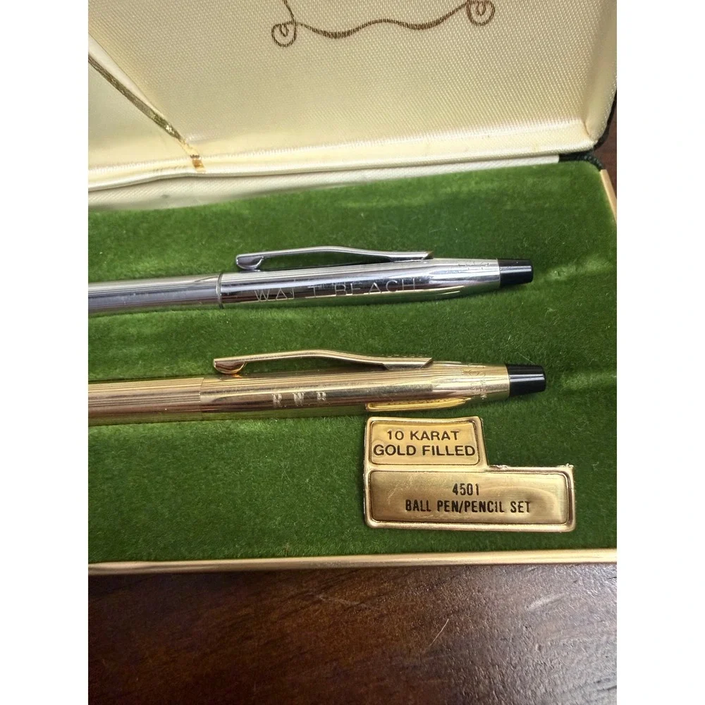 Vintage Cross 4501 Pen and Pencil Set‎ 10K Gold Filled Chrome Engraved with Case